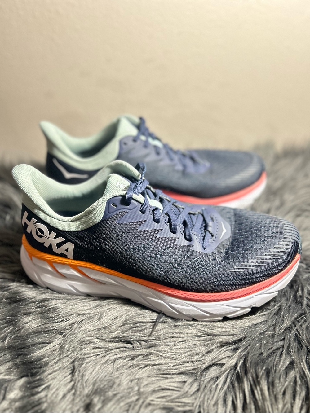 Hoka One One Clifton 7  Blue Orange Running Sneakers Running Size 11 - Picture 4 of 10